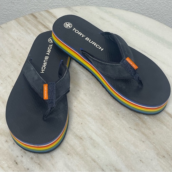 Tory Burch flip flops platform women’s sz 9 Blue with Rainbow Sole - Picture 1 of 9
